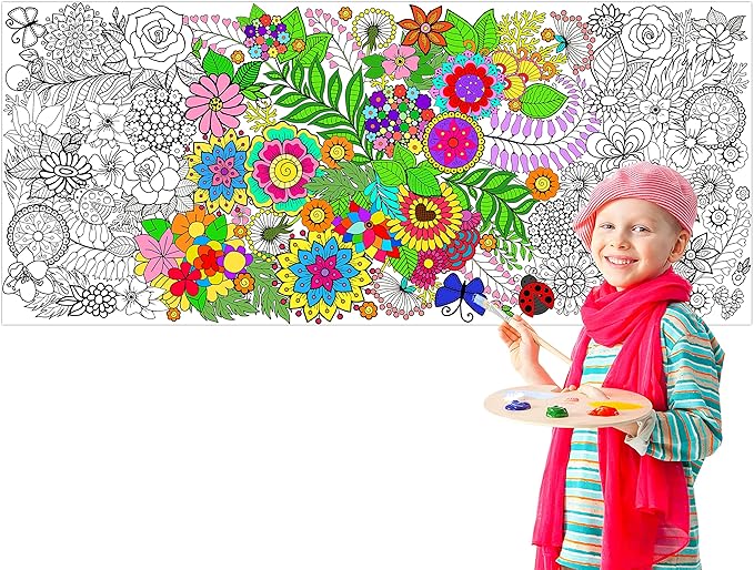 dvbonike jumbo mandala coloring poster giant flower diy drawing paper art blank banner 55.1 x 23.6 inch color-in table cover wall decoration school group activities for kids arts craft party suppiles