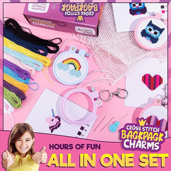 CRAFTILOO Cross Stitch Kit for Kids - 5 Easy Stamped Cross Stitch Kits for Beginners | Embroidery Kit for Girls Ages 7-13 | Needlepoint Craft Set, Backpack Charms & Keychains