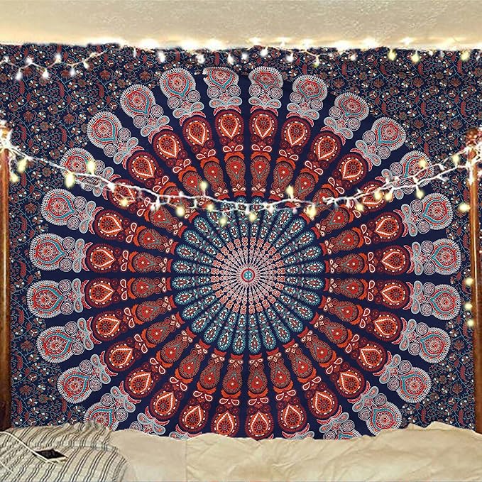 bless international handmade indian hippie bohemian psychedelic peacock mandala wall hanging college dorm beach throws table cloth bedding tapestry (golden blue white, king(88x104inches)(225x265cms))