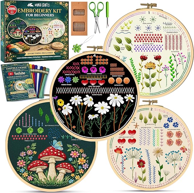 Moni Crafts - Embroidery Kit for Beginners Adults – Learn Embroidery Stitches, Complete Starter Kit with 4 Pre-Printed Patterns (Mushroom & Floral), Threads, Needles & Hoop – Video Tutorials