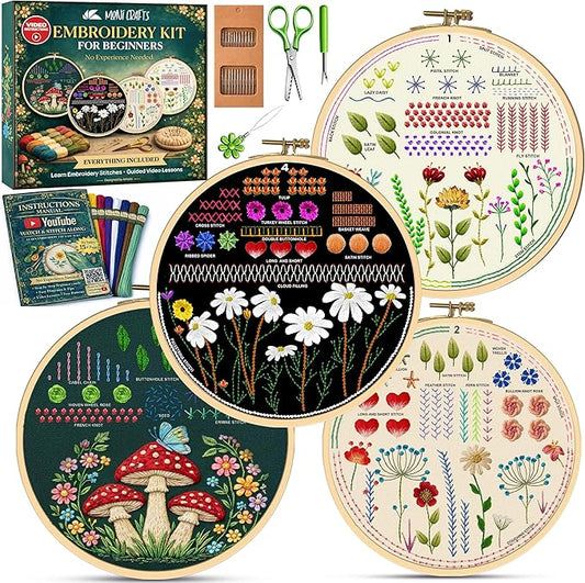 Moni Crafts - Embroidery Kit for Beginners Adults – Learn Embroidery Stitches, Complete Starter Kit with 4 Pre-Printed Patterns (Mushroom & Floral), Threads, Needles & Hoop – Video Tutorials