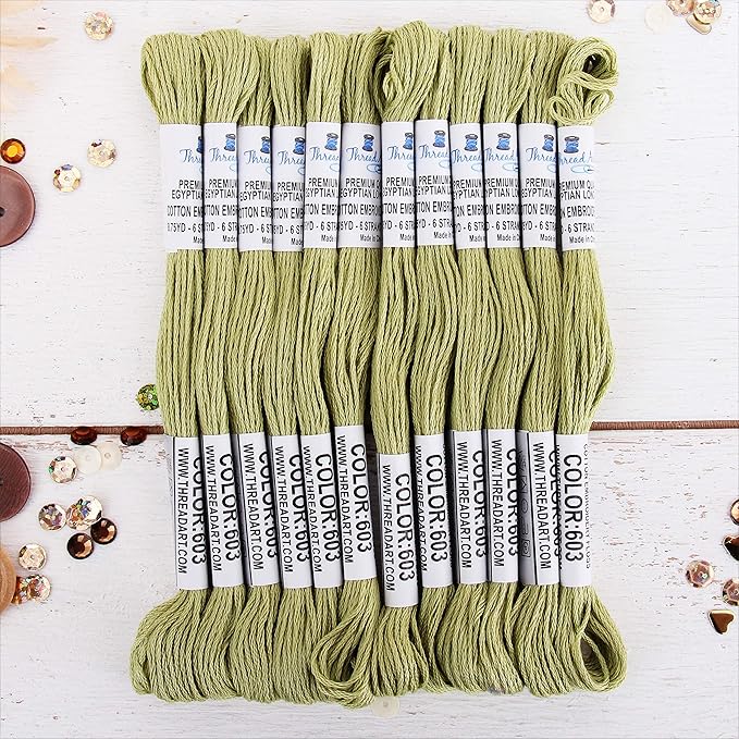 12 Skeins ThreadArt Premium Egyptian Long Fiber Cotton Embroidery Floss | Moss Green | 6 Strand Divisible Thread 8.75yds Each for Hand Embroidery, Friendship Bracelets, Cross Stitch and Crafts