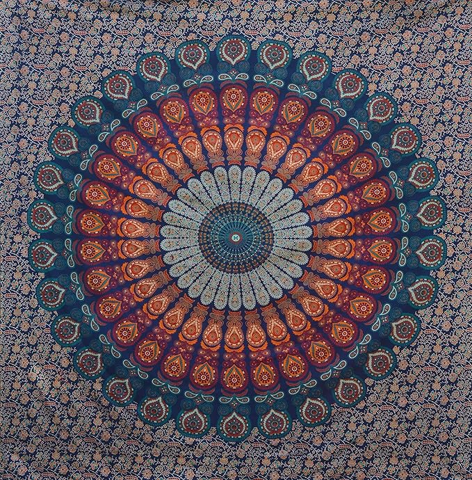 bless international handmade indian hippie bohemian psychedelic peacock mandala wall hanging college dorm beach throws table cloth bedding tapestry (golden blue, queen(84x90inches)(215x230cms))