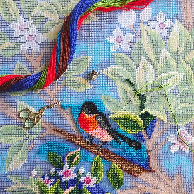 Brvsk Bird Needlepoint Kit for Adults and Beginners — Bullfinch. Tree by John Henry Dearle 16″ × 16″ with Clear, Precise Printed Design on Cotton Canvas; Includes 2 Needles, Yarn, and Easy-Read Chart