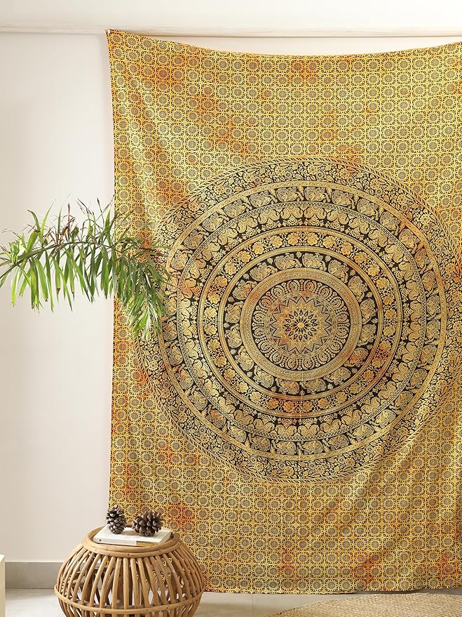 popular handicrafts twin mandala hippie tie dye psychedelic elephant tapestry wall hanging - indian maditation gypsy bohemian hippy dorm room decor yellow 82x54 inch