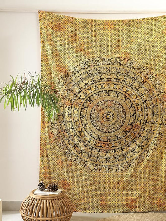 popular handicrafts twin mandala hippie tie dye psychedelic elephant tapestry wall hanging - indian maditation gypsy bohemian hippy dorm room decor yellow 82x54 inch
