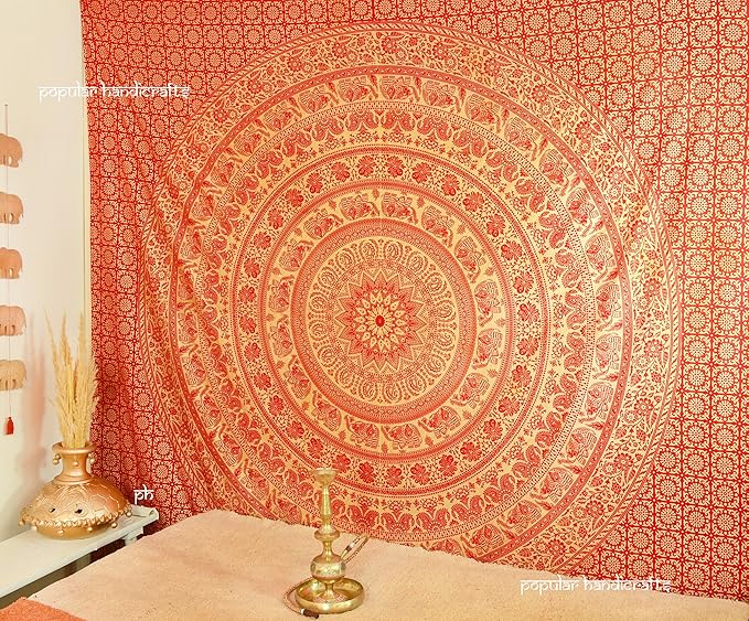 popular handicrafts new releases wall hanging for bedroom hippie mandala bohemian design indian magical thinking tapestries dorm decor metallic shine tapestries (215x230cms) gold on red dye