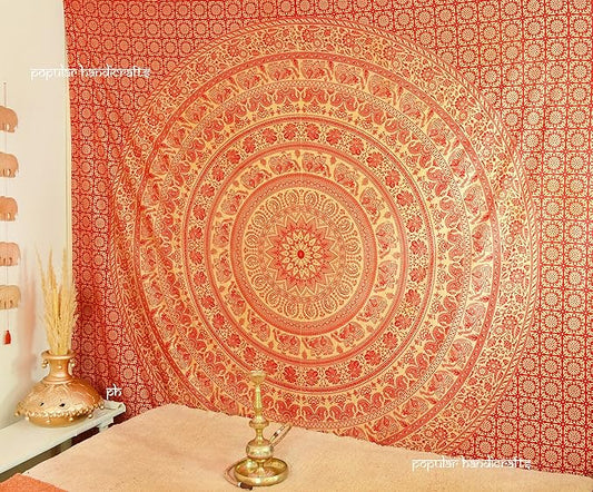 popular handicrafts new releases wall hanging for bedroom hippie mandala bohemian design indian magical thinking tapestries dorm decor metallic shine tapestries (215x230cms) gold on red dye