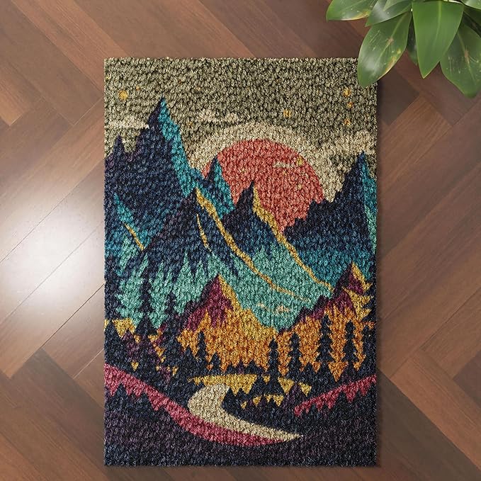 Landscape of Sunset Mountain Tree Latch Hook Rug Kit for Adults DIY Carpet Cushion with Printed Canvas Crochet Yarn Craft Hook and Latch Tapestry for Home Decor Pets Warm Pads 60x40cm(2)