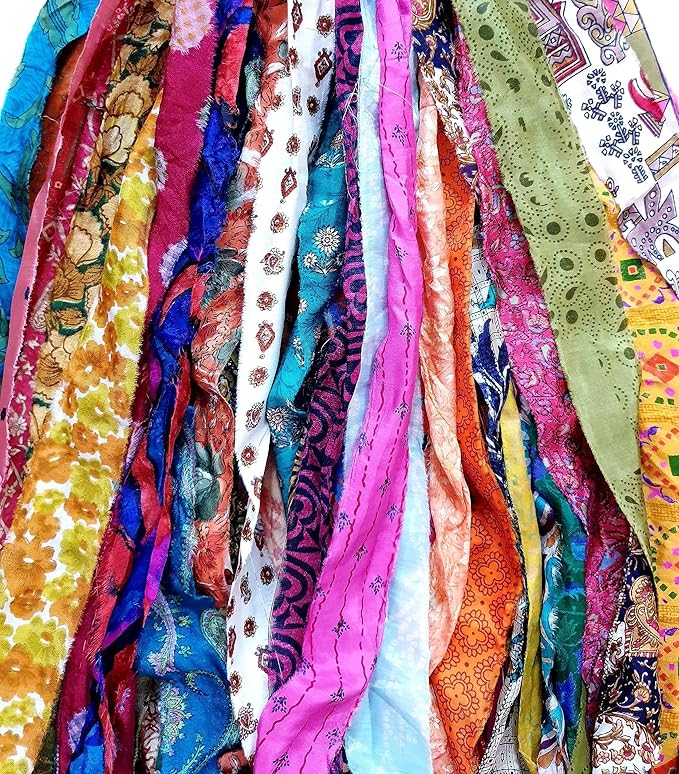 21 Yards Unstitched Recycled Sari Silk Yarn Ribbon Tassels 21 Strips SKEINS Shades Recycled Journal Scrapbook Craft Project Decor DS360 (Mixed, 21 Yard)