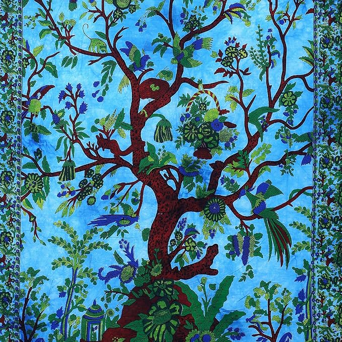 the art box tapestry turquoise tree of life wall hanging – indian cotton medium bedspread, picnic sheet, wall decor, blanket, wall art for bedroom (60x54 inch)