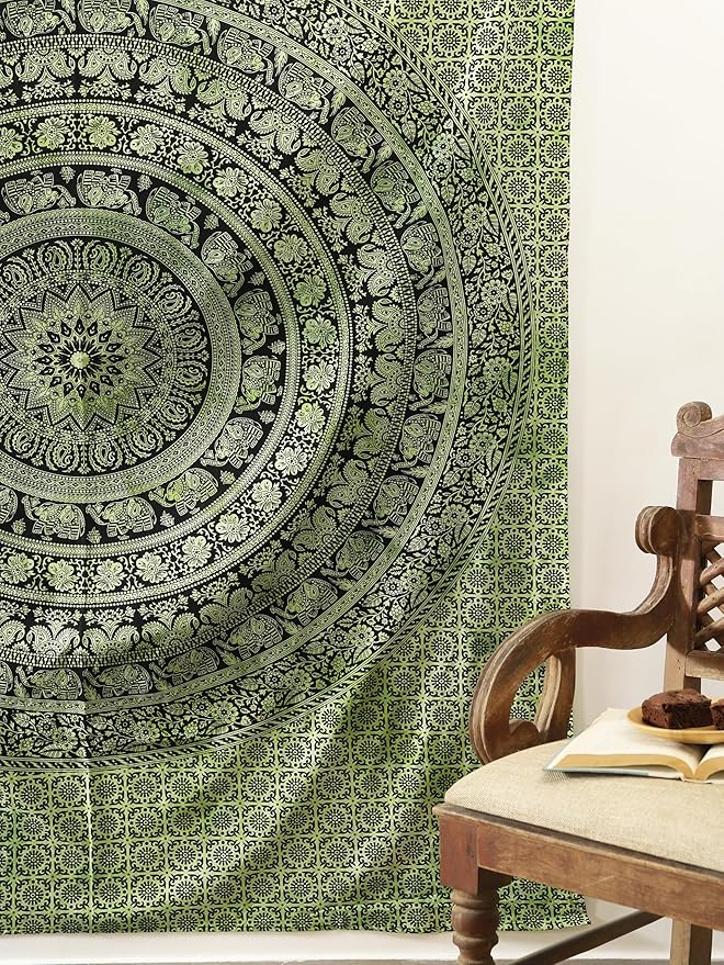 popular handicrafts mandala hippie tie dye psychedelic elephant tapestry wall hanging - indian maditation gypsy bohemian hippy dorm room decor green 60x54 inch