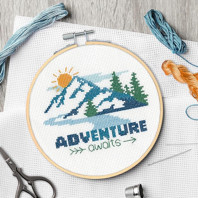 Dimensions 72-70486 Adventure Awaits Counted Cross Stitch Kit for Beginners, 6" Diameter, 14 Cnt. Aida, 5 Pieces