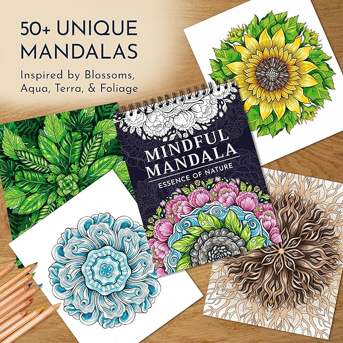 Premium Nature Mandala Coloring Book for Adults – 50 Floral Designs – 180gsm Thick Bleed-Proof Paper, Spiral Bound Lay-Flat, Perforated – Frameable Art, Relaxation Gifts for Women, Flower Patterns