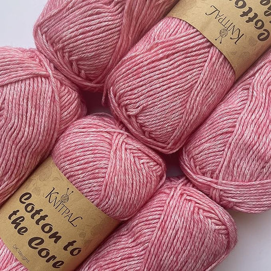 Cotton to The Core Cotton Yarn for Crocheting, 6-Pack (852 Yds / 300G), Free Patterns, Beginners Friendly - Soft Baby Yarn for Knitting - 3 DK Light Worsted Weight - Flamingo Pink