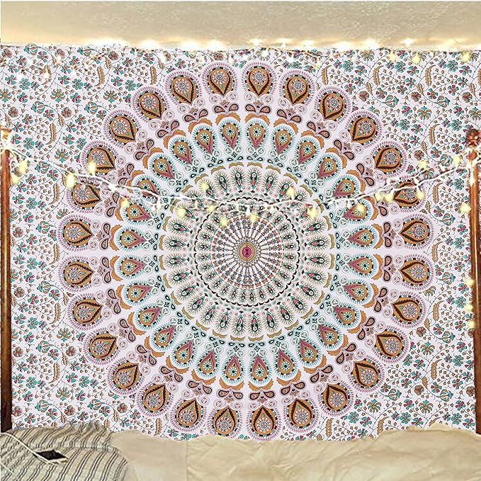 bless international handmade indian hippie bohemian psychedelic peacock mandala wall hanging college dorm beach throws table cloth bedding tapestry (floral gold, medium(54x60inches)(137x152cms))