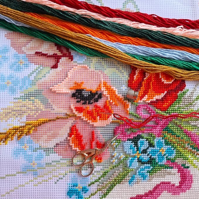 Brvsk Rustic Needlepoint Kit for Adults and Beginners — Summer Memories 16″ × 16″ with Clear, Precise Printed Design on Cotton Canvas; Includes 2 Needles, Yarn, and Easy-Read Chart