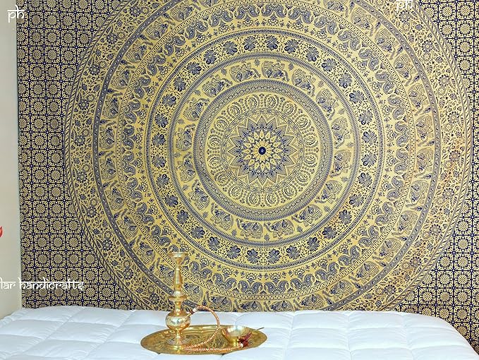 popular handicrafts tapestry wall hanging hippie elephant metallic mandala bohemian hippy intricate indian tapestries bedspread 54 x 82 inches (140cm x 210cm) gold on blue dye