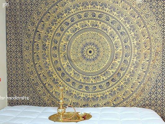 popular handicrafts tapestry wall hanging hippie elephant metallic mandala bohemian hippy intricate indian tapestries bedspread 54 x 82 inches (140cm x 210cm) gold on blue dye