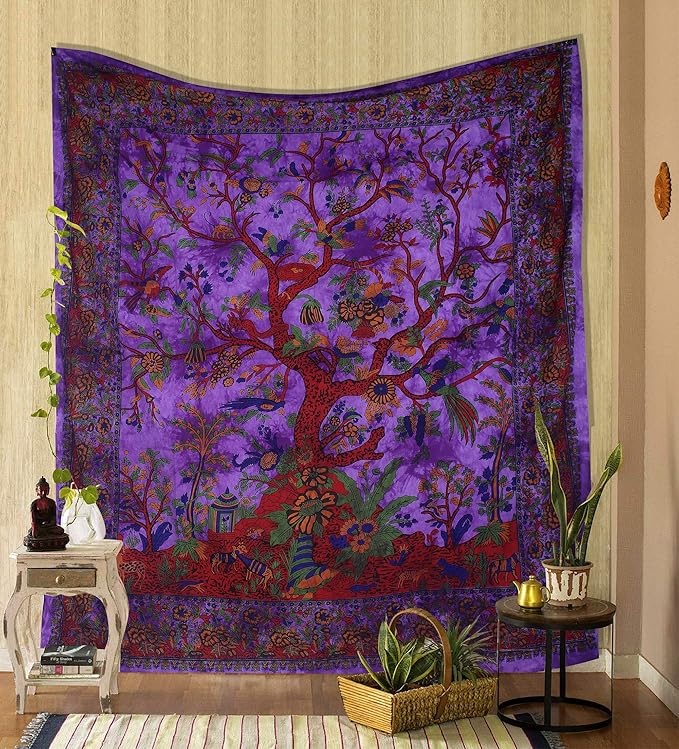 the art box tapestry purple tree of life wall hanging – indian cotton medium bedspread, picnic sheet, wall decor, blanket, wall art for bedroom (60x54 inch)