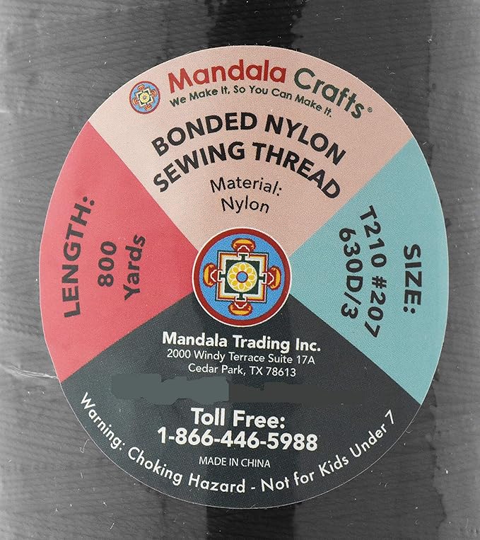 Mandala Crafts Size 207 630D T210 Bonded Nylon Thread - Black 800 YDs Tex 210 Heavy Duty Sewing Threads for Leather, Jeans, Weaving, Outdoor Marine Upholstery