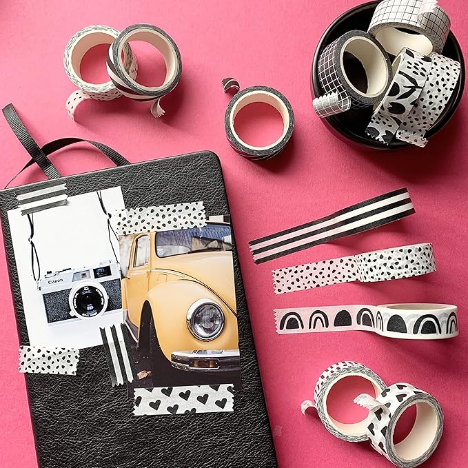 zynshe washi tape set of 12 rolls of 15 mm wide cute decorative washi tape for journaling, scrapbook, washy crafts, bullet journals, planners, diy décor, gift wrapping, craft supplies (black white)