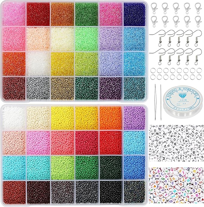 48000-Piece 2mm Seed Beads & Alphabet Beads Kit – 12/0 Ultra-Fine Jewelry Making Supplies, Including Elastic String, Earring Hooks & Clasps – All-in-One DIY Craft Set for Bracelets & Necklaces