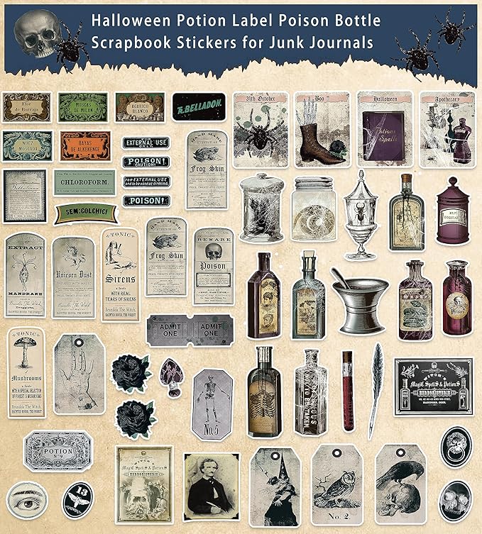 Prstincol 106 Pcs Potion Labels Stickers, Apothecary Sticker Dark Aesthetic Wine Bottle Sticker for Scrapbooking, Wicca Stickers for Junk Journal Bullet Journals DIY Crafts