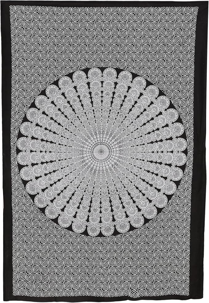 bless international handmade indian hippie bohemian psychedelic peacock mandala wall hanging college dorm beach throws table cloth bedding tapestry (black white, twin(54x72inches)(140x185cms))