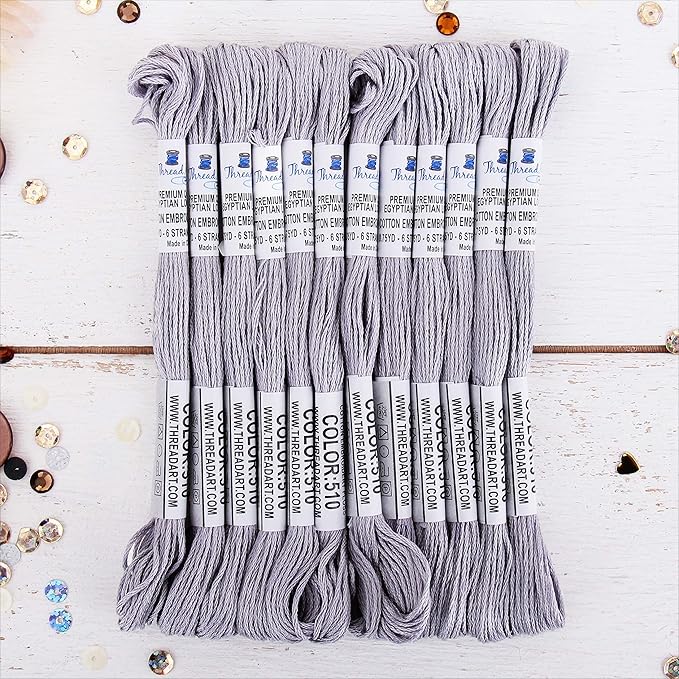 12 Skeins ThreadArt Premium Egyptian Long Fiber Cotton Embroidery Floss | Pewter Grey | 6 Strand Divisible Thread 8.75yds Each for Hand Embroidery, Friendship Bracelets, Cross Stitch and Crafts