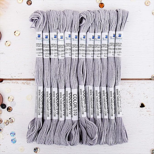12 Skeins ThreadArt Premium Egyptian Long Fiber Cotton Embroidery Floss | Pewter Grey | 6 Strand Divisible Thread 8.75yds Each for Hand Embroidery, Friendship Bracelets, Cross Stitch and Crafts