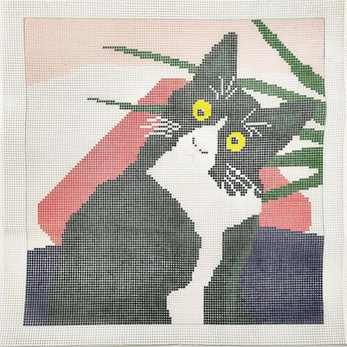 Howie's Needlepoint Needlepoint Kits for Adults, Pillow Front Cross Stitch Kit with Embroidery Pattern on Canvas, Yarn, 2 Needles and Instruction, 16 x 16inch(Cow Cat)