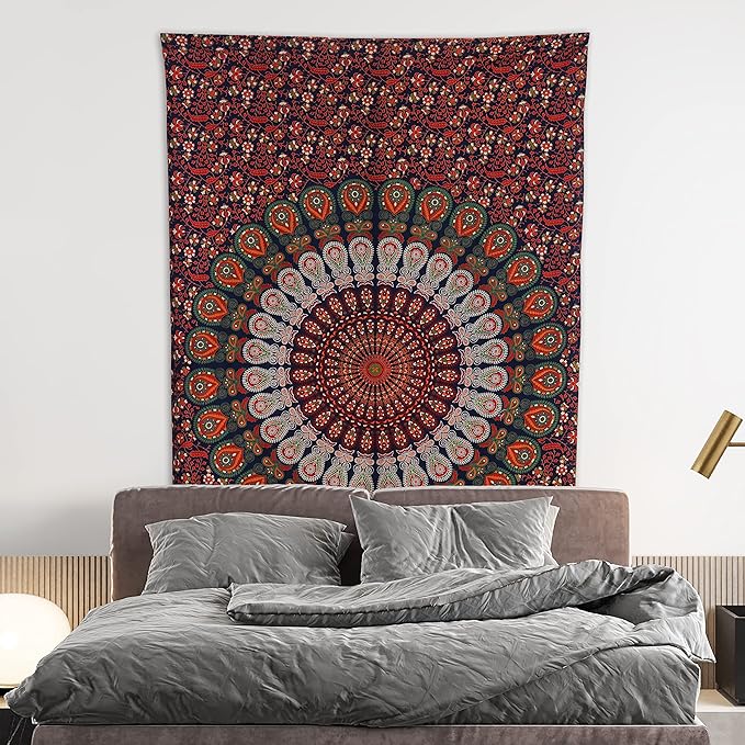 bless international handmade indian hippie bohemian psychedelic peacock mandala wall hanging college dorm beach throws table cloth bedding tapestry (golden red green, twin(54x72inches)(140x185cms))