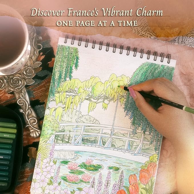ColorIt France Adult Coloring Book, 50 Picture Perfect Coloring Pages of French Landscapes and Famous Landmarks, Printed on Thick Paper with Spiral Binding, Hardback Covers, and Ink Blotter Paper