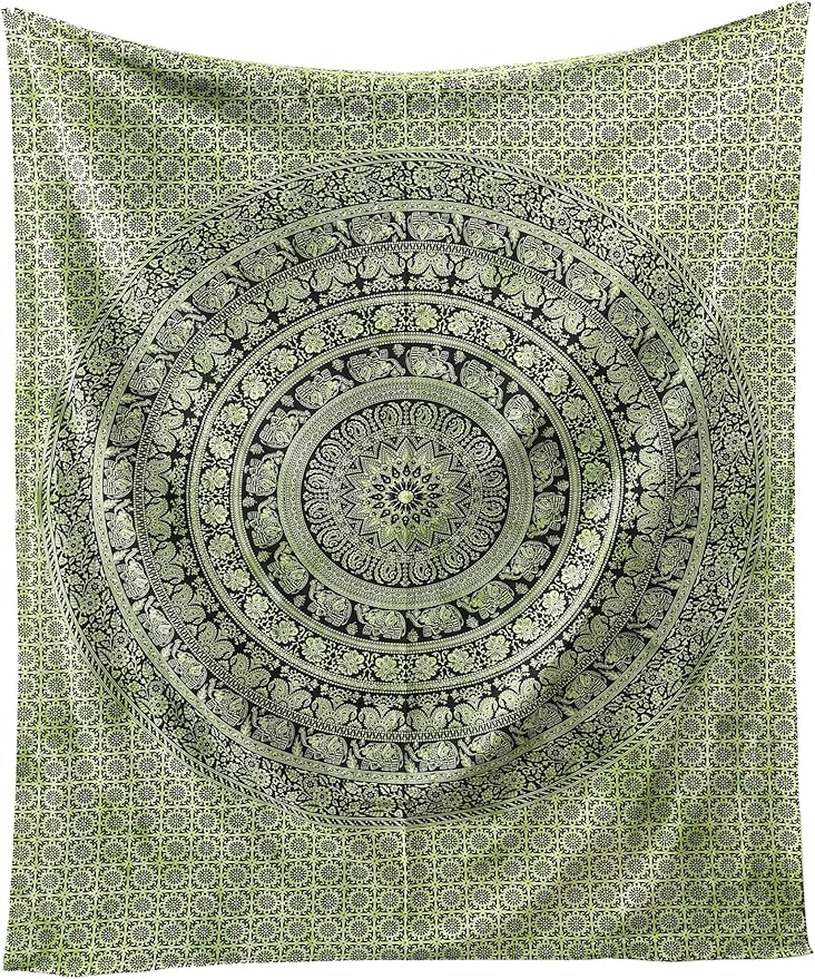 popular handicrafts mandala hippie tie dye psychedelic elephant tapestry wall hanging - indian maditation gypsy bohemian hippy dorm room decor green 60x54 inch