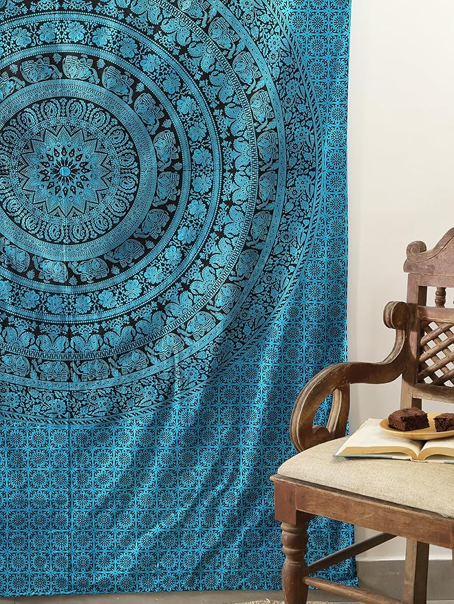 popular handicrafts twin mandala hippie tie dye psychedelic elephant tapestry wall hanging - indian maditation gypsy bohemian hippy dorm room decor tarqouise 82x54 inch