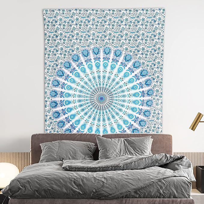 bless international handmade indian hippie bohemian psychedelic peacock mandala wall hanging college dorm beach throws table cloth bedding tapestry (peacock sky blue, twin(54x72inches)(140x185cms))
