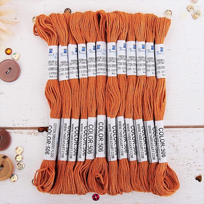 12 Skeins ThreadArt Premium Egyptian Long Fiber Cotton Embroidery Floss | Golden Brown | 6 Strand Divisible Thread 8.75yds Each for Hand Embroidery, Friendship Bracelets, Cross Stitch and Crafts