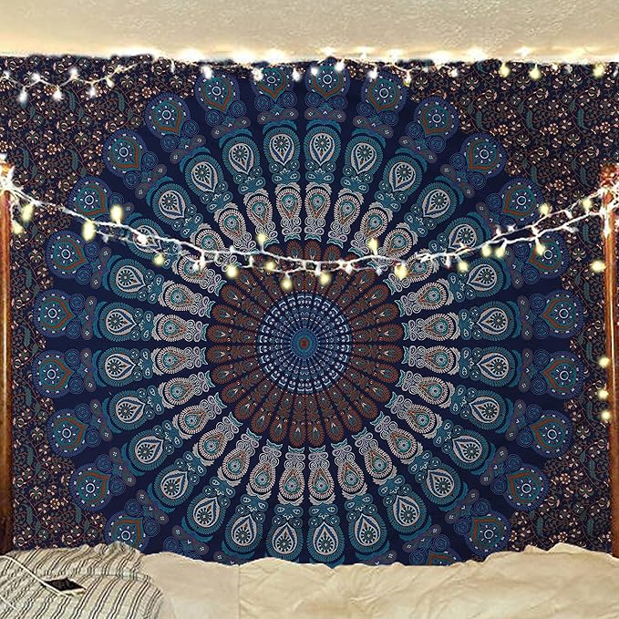 bless international handmade indian hippie bohemian psychedelic peacock mandala wall hanging college dorm beach throws table cloth bedding tapestry (blue green, queen(84x90inches)(215x230cms))