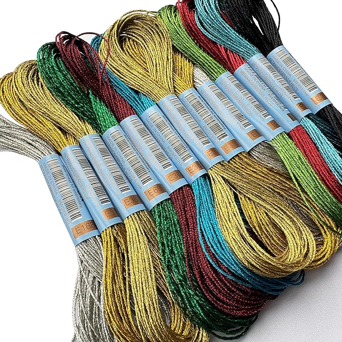 13 Skeins Embroidery Thread, 10 Colors Metallic Embroidery Floss Set, Polyester Cross-Stitch Threads for Hand Embroidery, String Art（10 Colors）