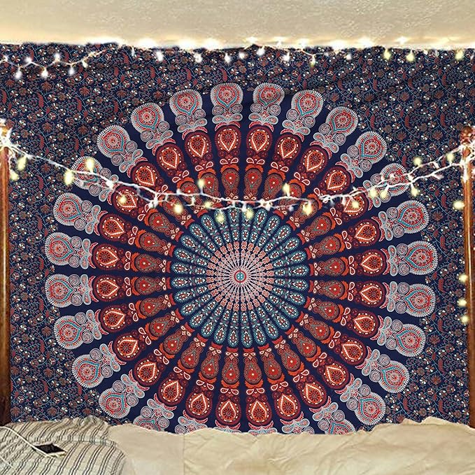 bless international handmade indian hippie bohemian psychedelic peacock mandala wall hanging college dorm beach throws table cloth bedding tapestry (golden blue white, king(88x104inches)(225x265cms))