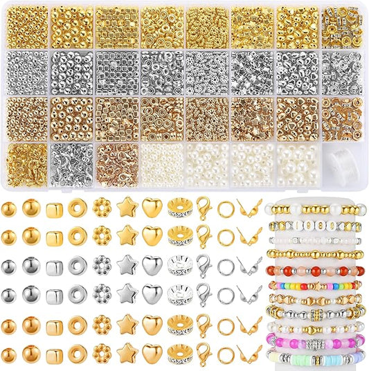 Funtopia Spacer Beads Bracelet Making Kit, 2320 Pcs Jewelry Making Supplies with Assorted Round Star Silver Gold Beads, Round Pearls and Lobster Clasps, DIY Crafts Necklaces Bracelets Earrings