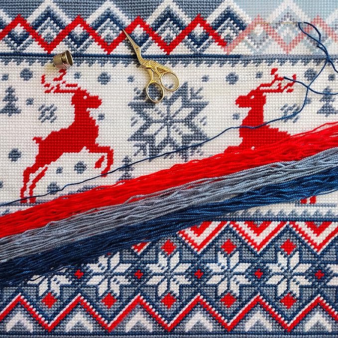 Brvsk Winter Stamped Cross-Stitch Kit for Adults and Beginners — Reindeer Pattern 16″ × 16″ with Clear, Precise Printed Design on Cotton Canvas; Includes 2 Needles, Yarn, and Easy-Read Chart