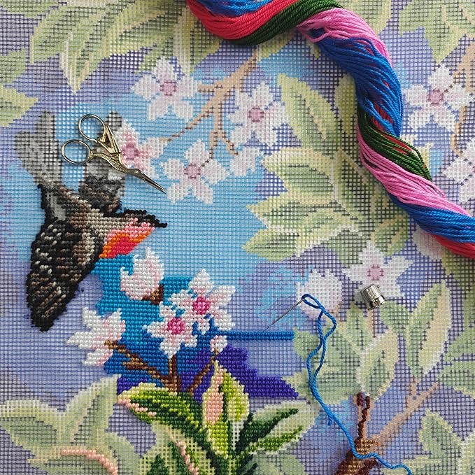 Brvsk Nature Inspired Stamped Cross-Stitch Kit for Adults and Beginners — Redstart. Tree by John Henry Dearle 16″ × 16″ with Clear, Precise Printed Design on Cotton Canvas; Includes Needles and Yarn