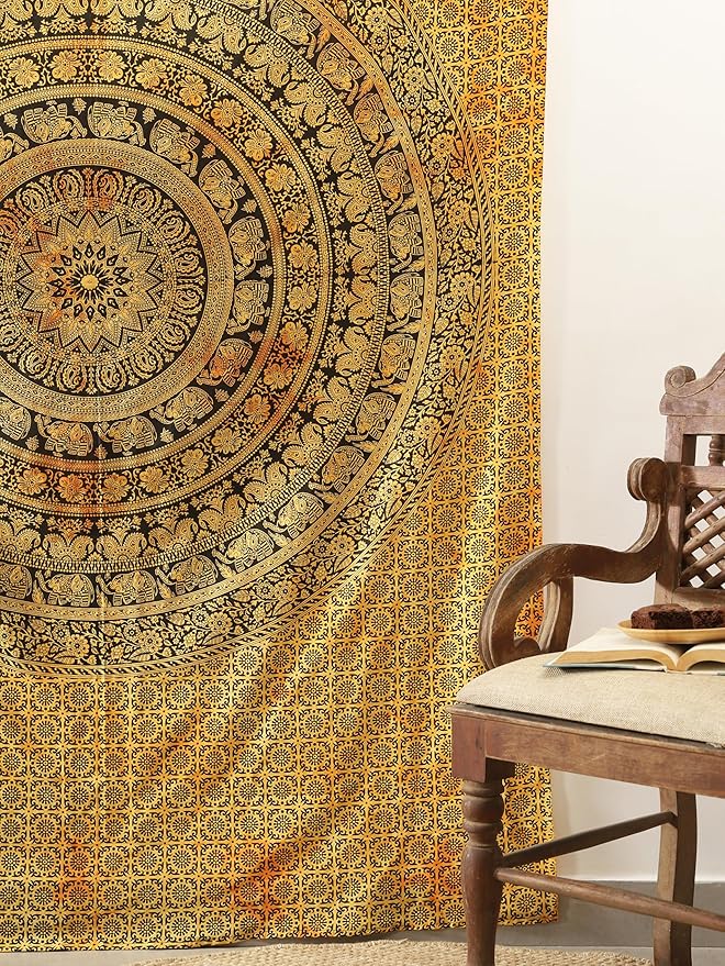 popular handicrafts twin mandala hippie tie dye psychedelic elephant tapestry wall hanging - indian maditation gypsy bohemian hippy dorm room decor yellow 82x54 inch