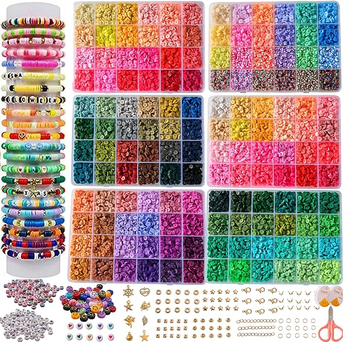 XMZCOLA Clay Beads Bracelet Making Kit, 144 Colors Flat Polymer Friendship Spacer Heishi Beads for Jewelry Making with Letter Beads and Elastic Strings, 2026 Crafts Christmas Gift (144 Colors)