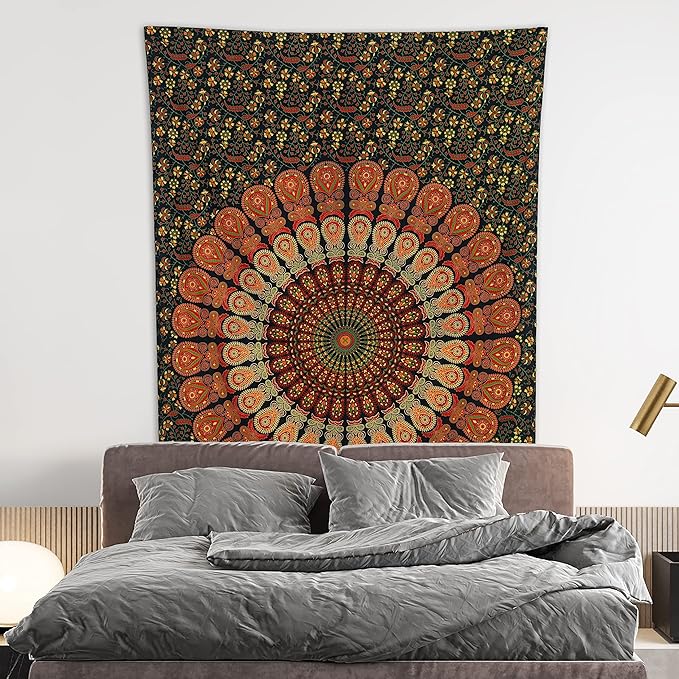 bless international handmade indian hippie bohemian psychedelic peacock mandala wall hanging college dorm beach throws table cloth bedding tapestry (golden green, twin(54x72inches)(140x185cms))