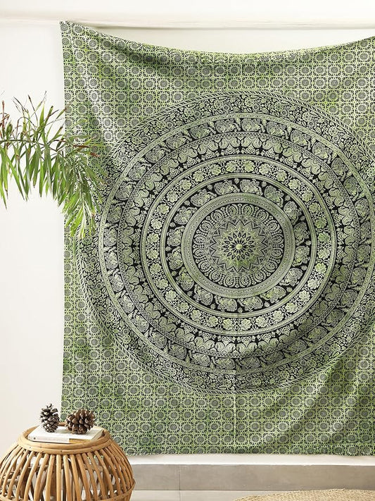 popular handicrafts mandala hippie tie dye psychedelic elephant tapestry wall hanging - indian maditation gypsy bohemian hippy dorm room decor green 60x54 inch