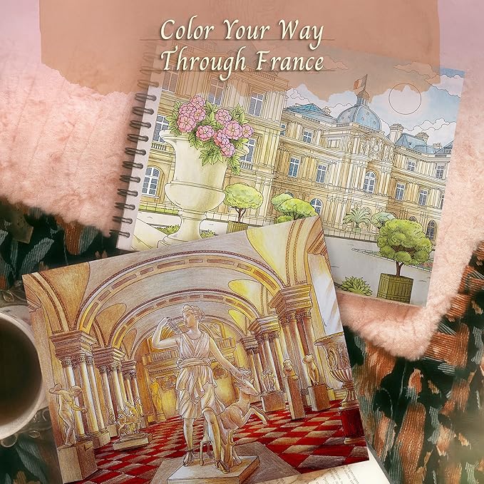 ColorIt France Adult Coloring Book, 50 Picture Perfect Coloring Pages of French Landscapes and Famous Landmarks, Printed on Thick Paper with Spiral Binding, Hardback Covers, and Ink Blotter Paper