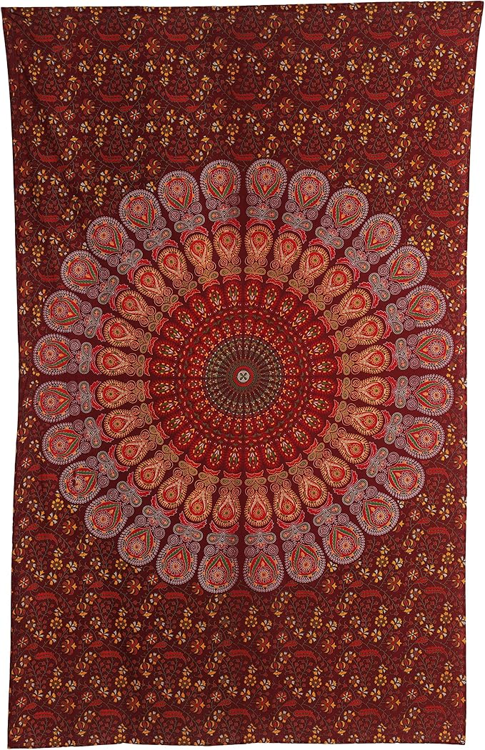 bless international handmade indian hippie bohemian psychedelic peacock mandala wall hanging college dorm beach throws table cloth bedding tapestry (maroon yellow, medium(54x60inches)(137x152cms))